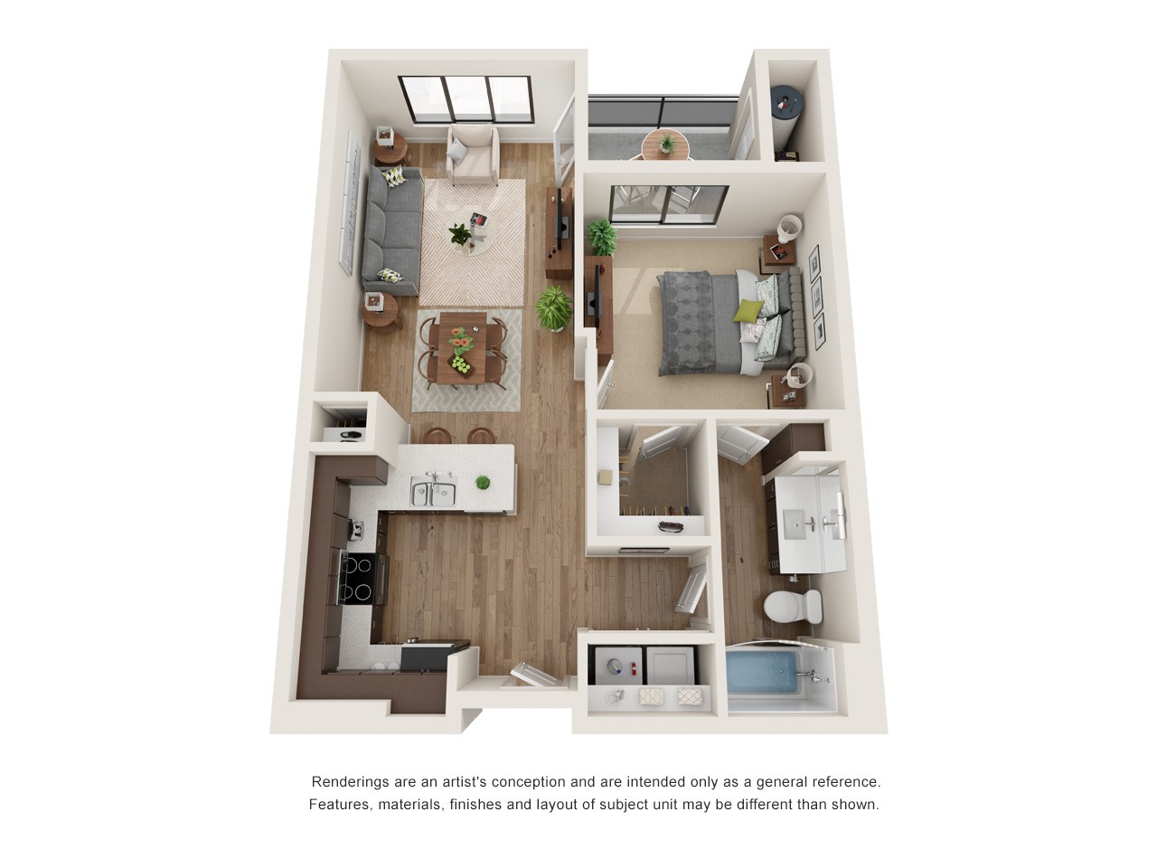 Floor plan for 1 bed, 1 bath, 726 sqft